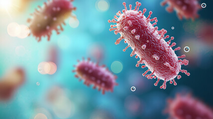 Fototapeta premium Bacteria in vibrant colors against blue gradient background, showcasing intricate details and textures. This captures microscopic world of microorganisms beautifully