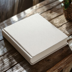 Fototapeta premium blank book cover on wooden desk, waiting for brand or title, evokes sense of creativity and potential. natural light enhances warm tones of wood