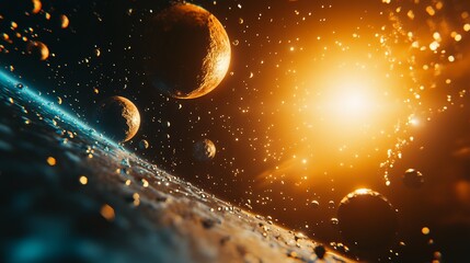Cosmic Dance: Celestial Bodies Orbiting a Radiant Star in a Breathtaking Space Scene