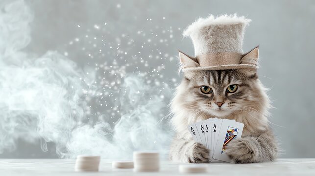 Fluffy cat in top hat playing poker surrounded by poker chips and aces creating a whimsical and fun atmosphere.