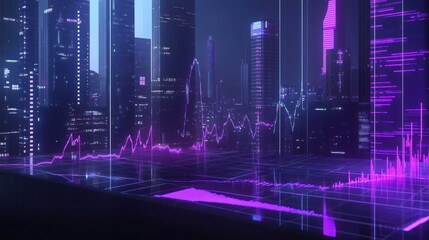 Fototapeta premium Futuristic Cityscape with Financial Data Visualization in Neon Purple and Blue