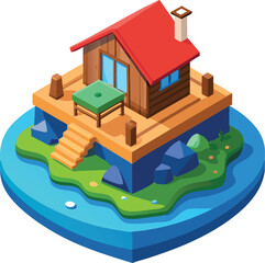 An isometric floating house on a small island with a wooden dock, surrounded by calm blue water.