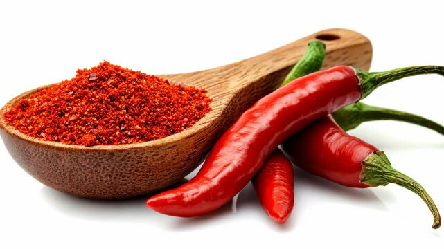Vibrant red chili peppers and spice powder on a wooden spoon create an inviting scene for culinary enthusiasts