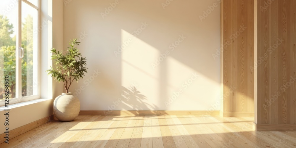 Poster sunlight streams through a window illuminating a minimalist room with light wood flooring and a pott