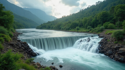 Fototapeta premium Water rushes over a waterfall into a tranquil river, framed by dense greenery and majestic mountains under a cloudy sky at dusk. Nature's beauty is captivating