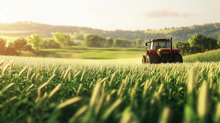 Fototapeta premium farmer driving tractor through lush green field, surrounded by rolling hills and sunlight, captures essence of rural life and agriculture