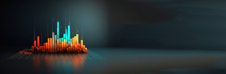 An abstract financial graph with glowing orange lines and bars against a dark black background. The dynamic design represents economy, trading, and business growth