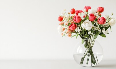 Fototapeta premium Spring tulips bouquet in glass vase on white background