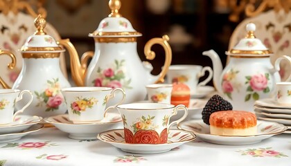 Elegant floral tea set with pastries and berries