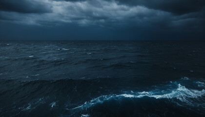 The ocean is rough and choppy, with dark clouds looming overhead