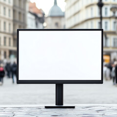 A sleek black computer monitor stands prominently against a blurred urban background, showcasing a blank screen ready for use in creative projects, presentations, or advertisements