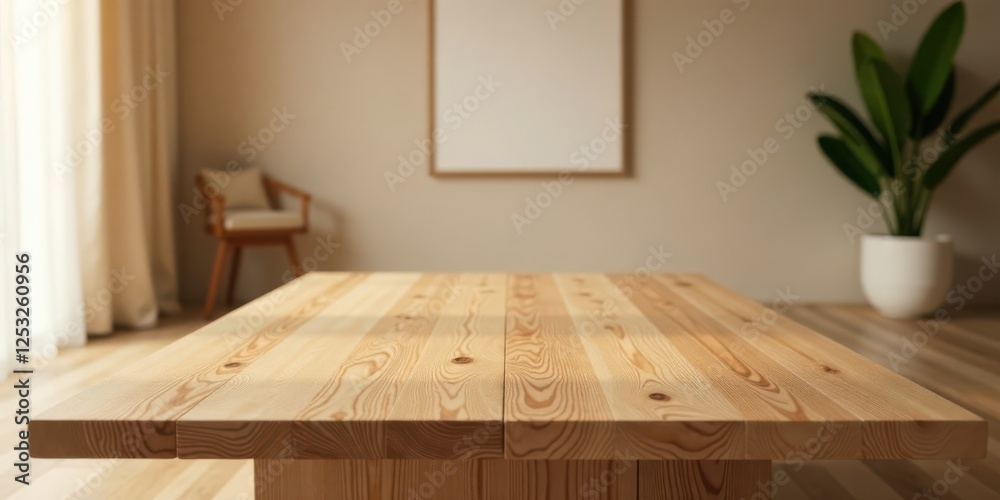 Poster light wood tabletop in a minimalist room setting with natural light and a simple chair