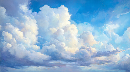 A serene sky filled with fluffy white clouds against a vibrant blue backdrop, capturing the beauty and tranquility of a clear day.