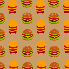 fast food or junk food seamless pattern theme. Fast food seamless pattern in flat style. Vector background. Seamless fast food vector pattern. Burger and fries