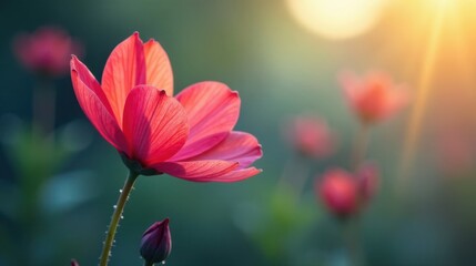 Obraz premium A Single Pink Blossom at Golden Hour, Illuminated by Warm Sunlight, Soft Focus Background, Delicate Petals, Vibrant Color, Natural Beauty, Tranquil Scene