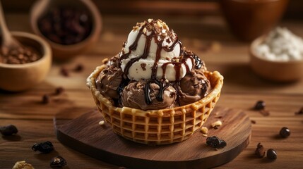 Unique Ice Cream Flavor in Waffle Cone with Toppings and Sauce