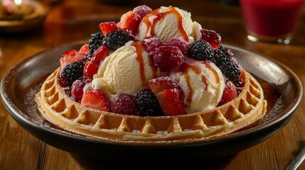 Delicious Waffle Dessert with Melting Ice Cream and Fresh Berries