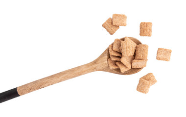 wooden spoon of crunchy granola, cinnamon toast crunch isolated on white background