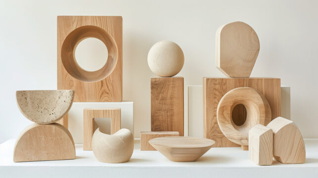 A collection of sleek, wooden sculptures with smooth surfaces and minimalist designs, arranged neatly on a white background.