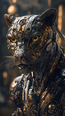 A cyberpunk-style metal and gold leopard with an aggressive look
