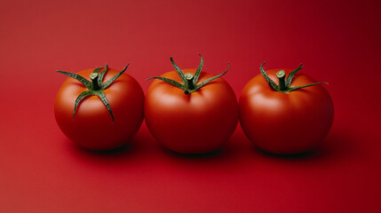 Three fresh, vibrant red tomatoes sit together against a matching red background, showcasing their glossy surfaces and leafy tops. A simple yet striking visual.