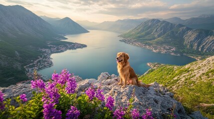 Photo of a Golden Retriever dog sitting on top of a mountain with a beautiful view of the sea and green mountains
