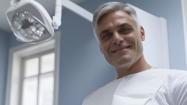 Confident dentist in a well-lit dental clinic smiles warmly while celebrating National Dentists Day - Powered by Adobe