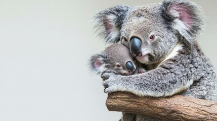 Grey Koala and Joey Hugging on Tree Branch