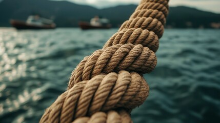 Fototapeta premium Close-up of coiled nautical rope over water. Possible use Stock photo