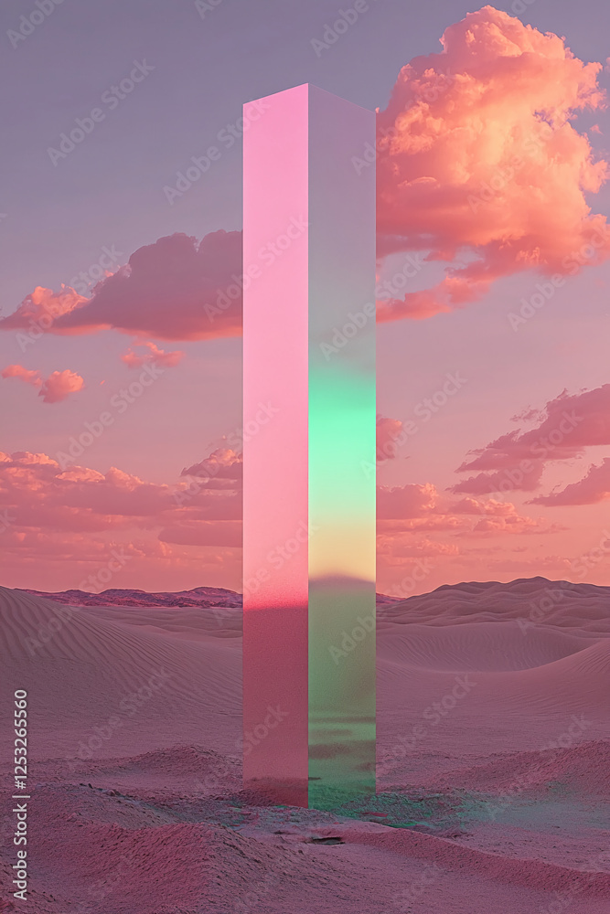 Aufkleber a glowing vertical prism with iridescent colors standing in a surreal desert landscape with soft clo