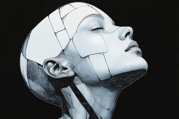 Futuristic humanoid with an artistic design expresses serenity through intricate lines and shapes. Generative AI