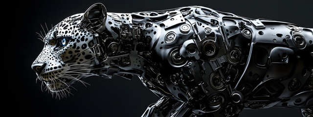 Obraz premium A cyberpunk-style metal and gold leopard with an aggressive look 