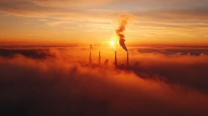 Obraz premium Sunrise over factory smokestacks in clouds. Aerial view. Possible use for environmental issues, industrial landscapes
