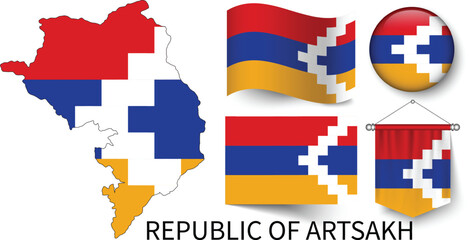 The different designs of Republic of Artsakh's national flags and the map showing Republic of Artsakh's borders