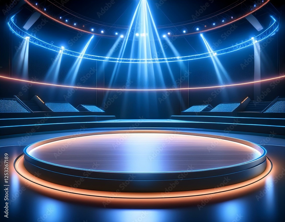 Wall mural the tv game show stage features an empty circular platform with led light
