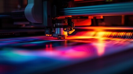 Fototapeta premium Industrial 3D printer printing colorful sheets. Printing colorful sheets on a 3D printer