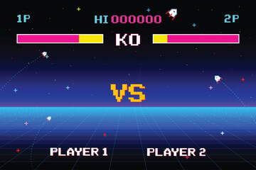 Versus Screen retro game on glitch background of analog tv.