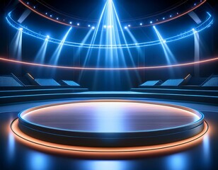 the tv game show stage features an empty circular platform with led light