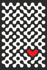 Monochrome trendy abstract futuristic geometric background with accent red heart for Valentine's Day, dotted shapes in retro style Y2K, groovy. Brutalist white on black poster. Vector EPS10