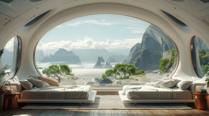 A living room in a space capsule, with design inspiration from, minimalist photography, using aluminum alloy and glass materials.