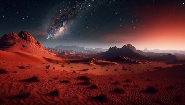 mars space landscapes concept, the martian surface, the red sand dunes with dark night universe in background with stars