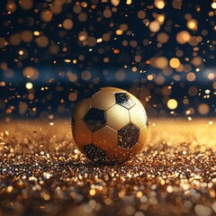 Fototapeta premium Glittering Soccer Ball Surrounded by Golden Sparkles and Bokeh Effects