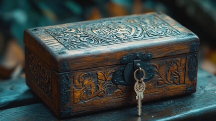 Intricately carved wooden box with key. Perfect for mystery, secrets, and antique themes.
