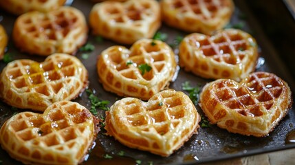 Freshly Baked Heart-Shaped Waffles with Sweet Syrup Drizzle