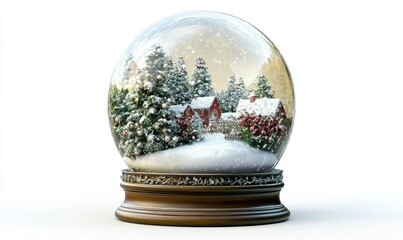 Winter village snow globe, festive scene, holiday decoration, white background, Christmas card