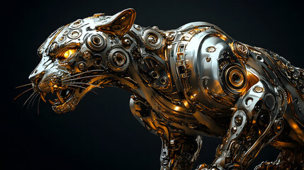 Fototapeta premium A cyberpunk-style metal and gold leopard with an aggressive look 