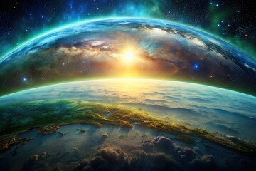 Fototapeta premium A Sunrise Over a Lush, Alien World with Vibrant Nebulae and Starry Sky