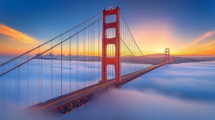 Obraz premium Iconic Suspension Bridge in Golden Light with Low Clouds, Cityscape Background, San Francisco Bay