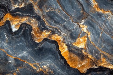Obraz premium Black Marble with Yellow Veins - Abstract Pattern - Granite Texture - Natural Artwork - Decorative Slab - Earth's Crust - Mineral Inclusions