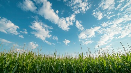Fototapeta premium Cornfield under a partly cloudy sky. Landscape view. Possible use in nature photography